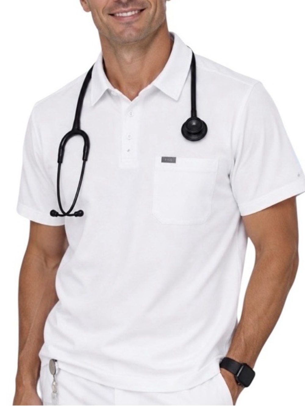 FigsPro Tech Pique Scrub Polo Shirt Men’s White Short sleeve